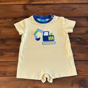 Striped Yellow Baby Romper with Excavator Design